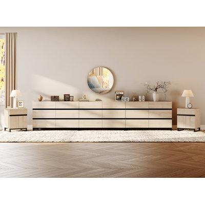5-Piece Modern Bedroom Furniture Set, 142-Inch Dresser With 18 Drawers And 2 Nightstands Featuring Drawer And Cabinet Design, Bedroom Set Of 5