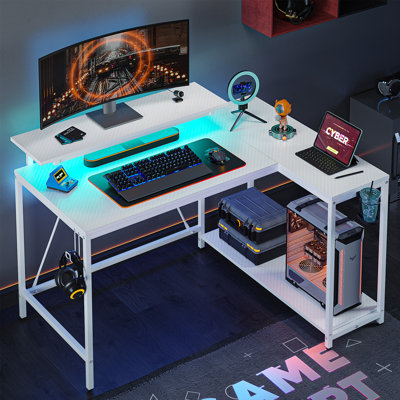 42" Reversible L-Shaped Gaming Desk LED Computer Desk With CPU Storage Monitor Stand & Headset Hooks