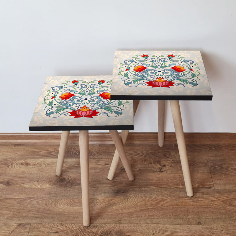 Élégantes tables gigognes (2 pièces), motif floral floral, 14,0 x 18,5 x 14,0 pouces et 14,0 x 16,5 x 14,0 pouces | 100% panneau de fibres à densité moyenne avec pieds en bois de hêtre, parfait pour le salon et la maison, élégant et fonctionnel