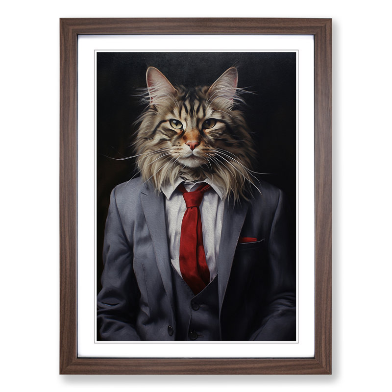 Cat In A Suit No.8 Framed Print, Walnut , 64cm H x 46cm W x 2cm D