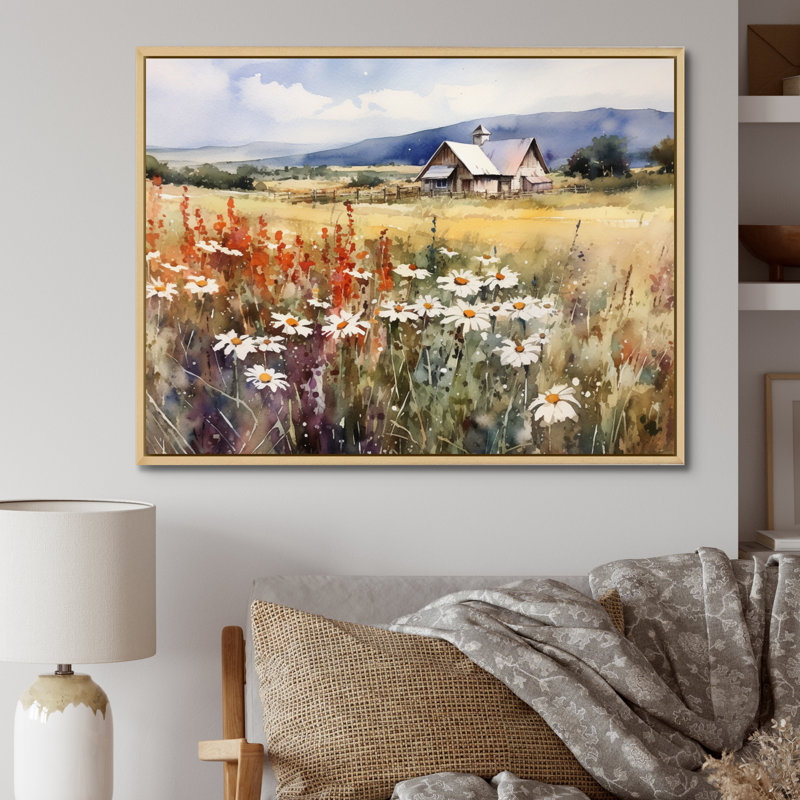 «Green Green Meadow At The Farm I», impressions sur toile florales, H 34 po x l 44 po x P 1,5 po, Cadre naturel flottant