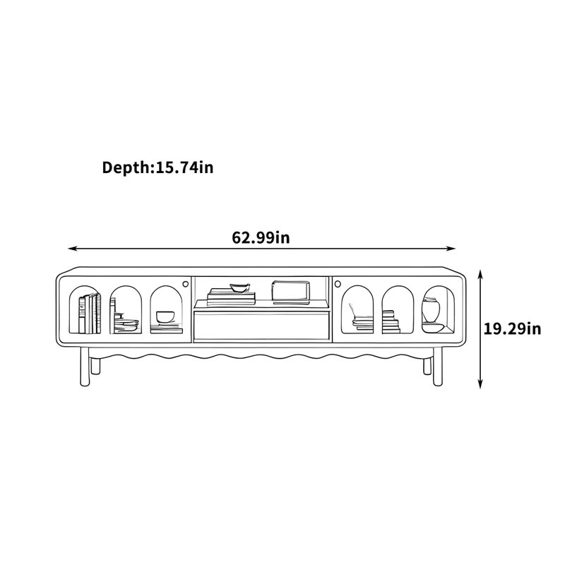 Meuble télé en bois massif avec armoires en verre arqué, H 19,29 po x L 62,99 po x l 15,74 po