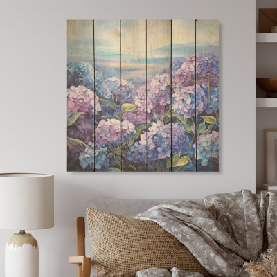 Fleurs d'hortensias mauves paradisiaques - champ de fleurs, art mural sur bois de pin naturel