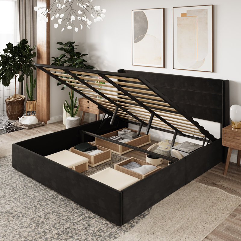 Braya Hydraulic Lift Up Storage Upholstered Platform Bed, King, Black Velvet