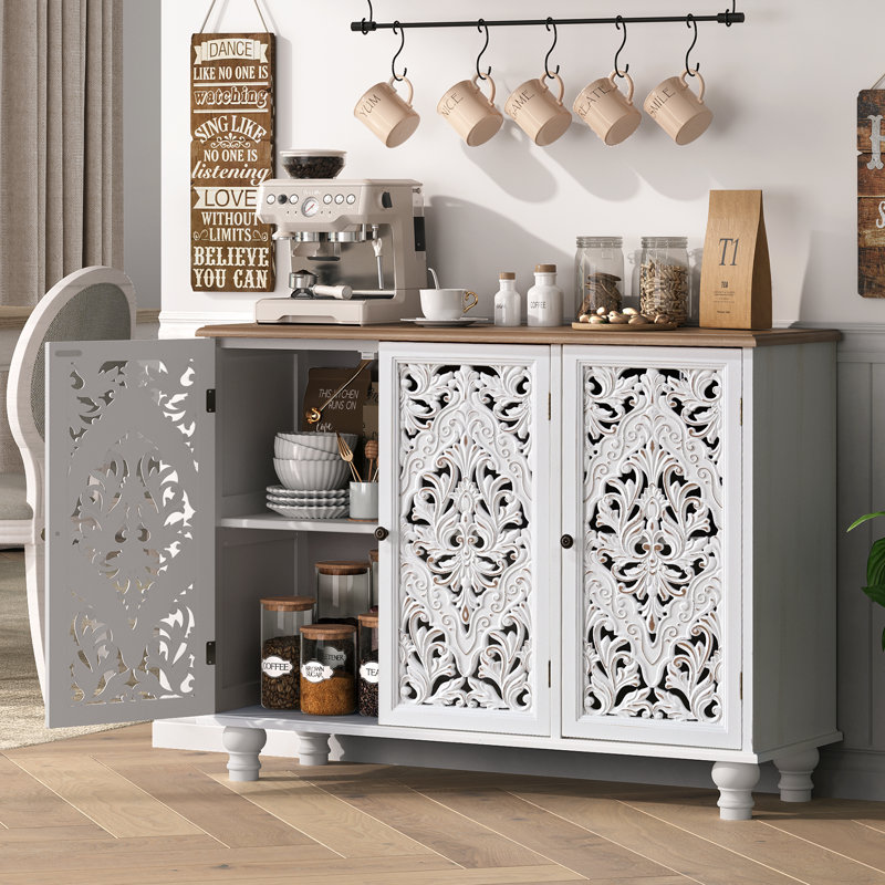 Accent Cabinet With 3 Doors, Storage Cabinet With Solid Wood Legs And Adjustable Shelf, Sideboard Buffet For Living Room, Entryway, Dining Room, Bedroom, White