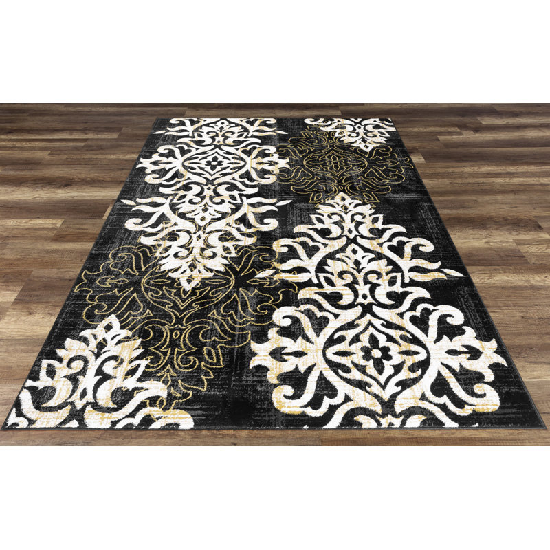 Tapis noir / jaune Schofield, Rectangle 5 pi 3 po x 7 pi 7 po
