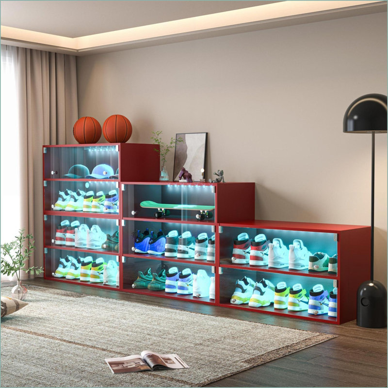 Shoe Storage Cabinet with RGB LED Lights, Sliding Glass Doors, Stores 6 Sneakers | Crimson Red | Contemporary, Red