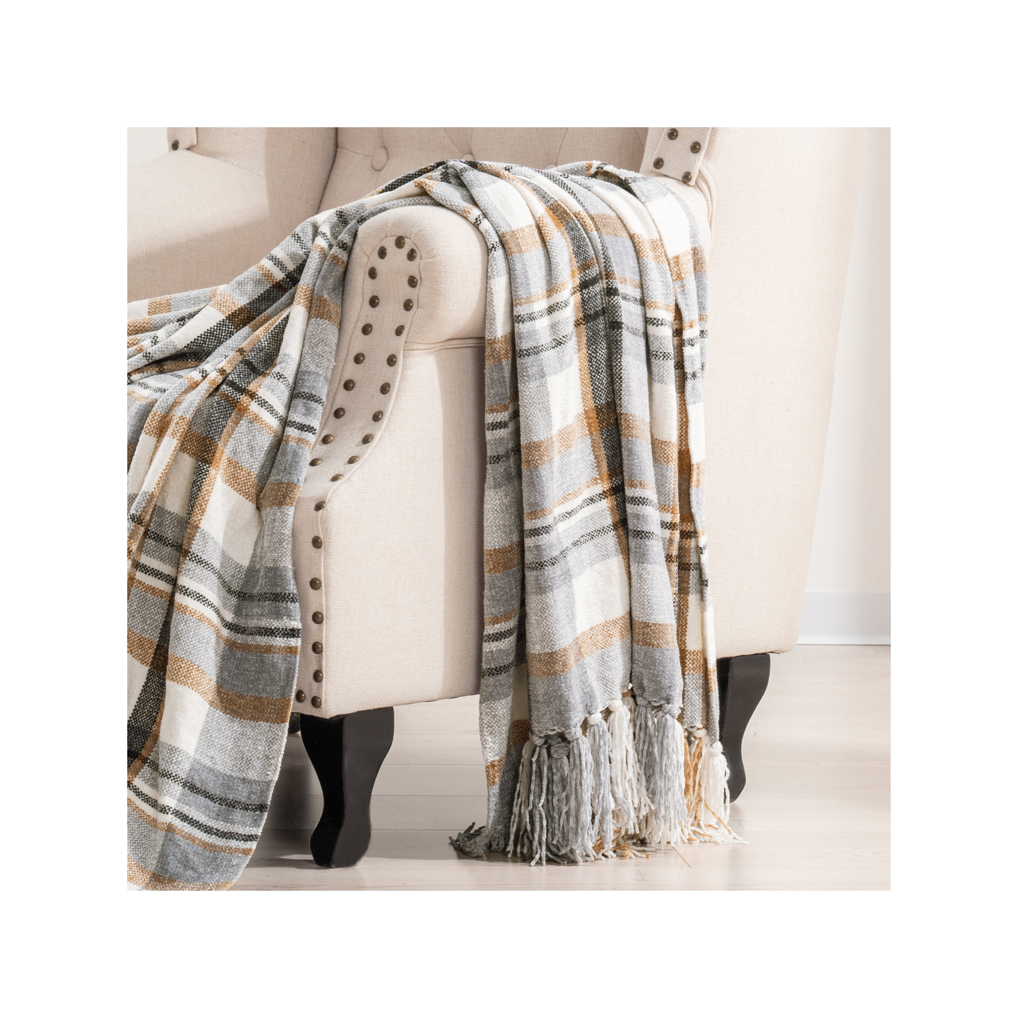 Soft Chenille Throw Blanket, Gray/Warm Beige Plaid, 80" L x 60" W