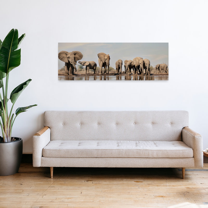 Elephants at the Watering Hole 1 Piece Wrapped Canvas Panoramic Wall Art, 121.92 cm H x 40.64 cm W