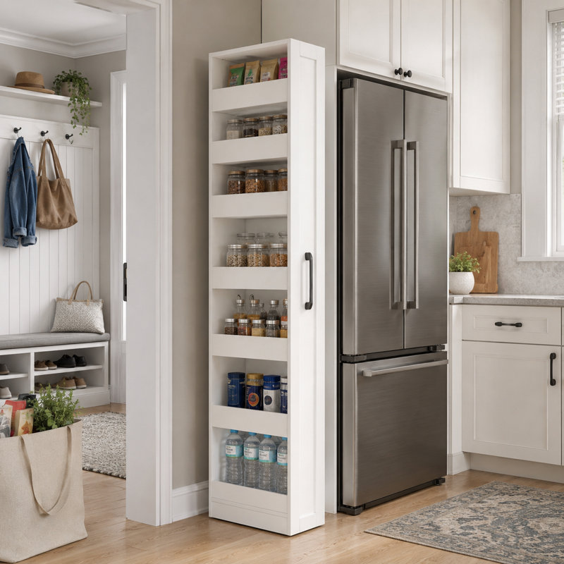Armoire de rangement coulissante à 7 niveaux avec rangement pour garde-manger étroit, Blanc