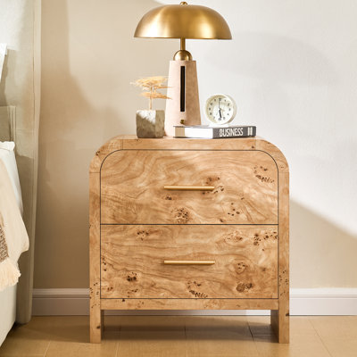 Table de chevet légère Burlwood avec coin incurvé, bois d'ingénierie épais de 1,18 po, poignées champagne doré