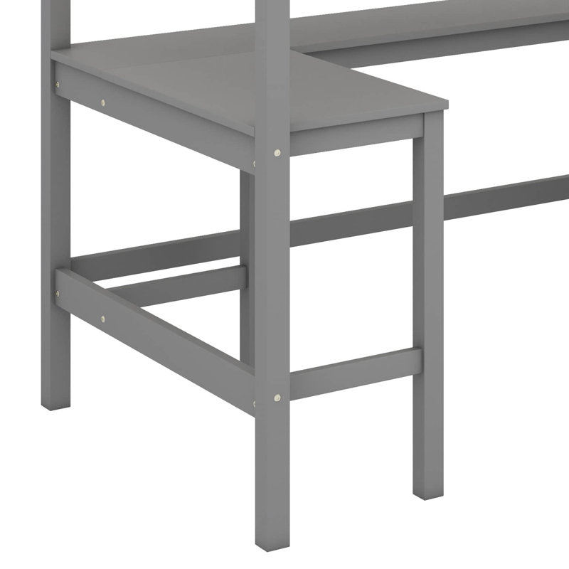 Lit simple surélevé avec tablettes intégrées et espace d'étude dédié, Gris