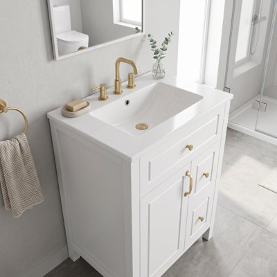 Meuble-lavabo autoportant en bois massif et en panneau de fibres à densité moyenne de 24 po avec lavabo en céramique intégré, mécanisme à fermeture en douceur, 1 porte à fermeture en douceur, 2 tiroirs à fermeture en douceur et 2 supports de rangement sur la porte