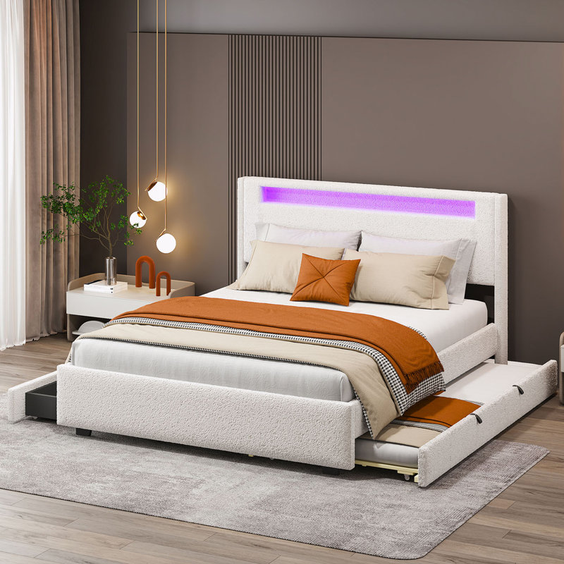 Lit plateforme tapissier Jomana, Blanc, Grand
