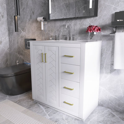 30'' Solid Wood Frame Freestanding Bathroom Vanity Set With Ceramic Top