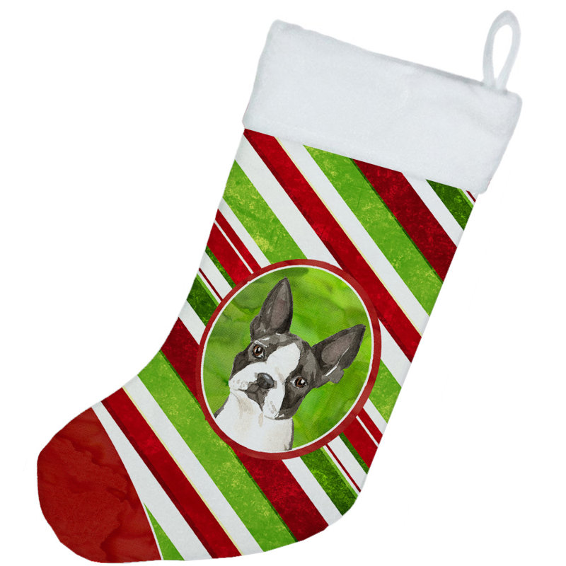 Chaussette de noël à rayures à sucre, Boston-terrier