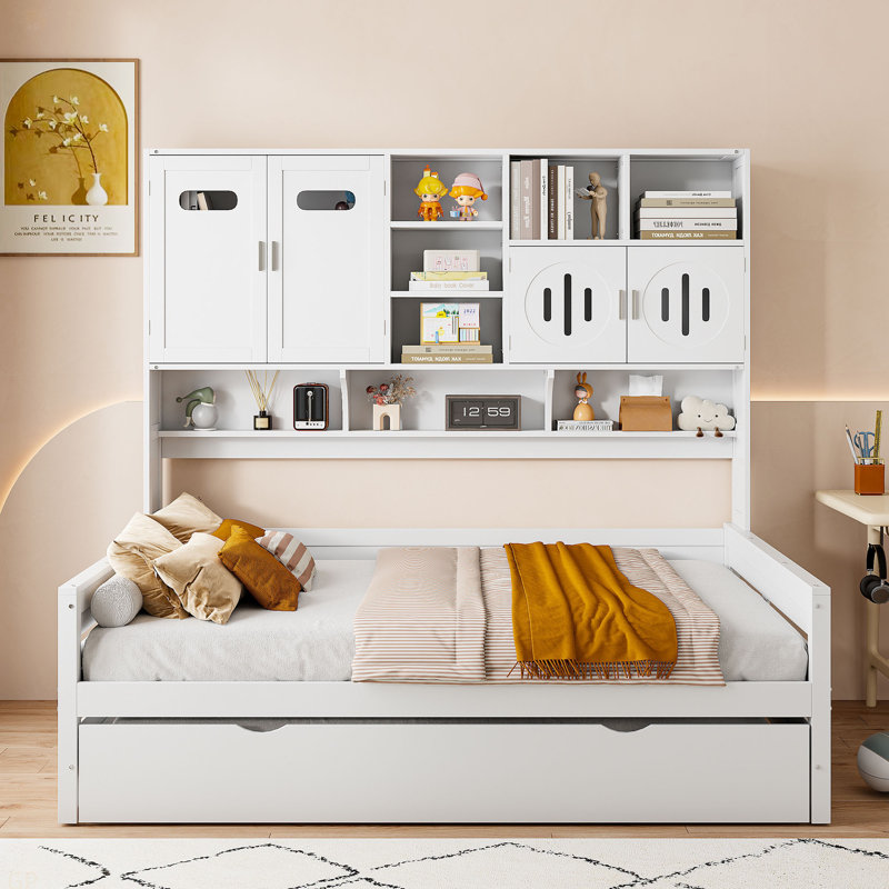 Twin Size Wooden Daybed With Twin Size Trundle, And All-In-One Cabinet And Shelf, Twin, White