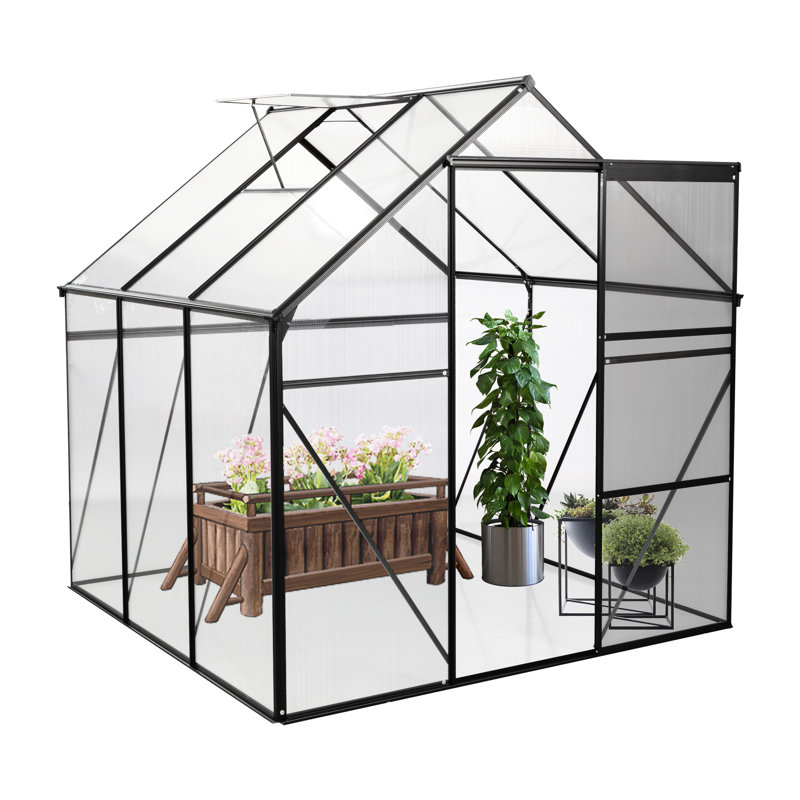 6X6ft Polycarbonate Greenhouse - Black, For All Season Yard Work Adjustable Roof, Sliding Door, Galvanized Base Heavy Duty Black Backyard Landscaping Enthusiasm