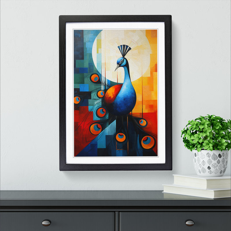 Peacock Constructivism - Single Picture Frame Print on Wood, 46cm H x 34cm W x 2cm D, Black Framed