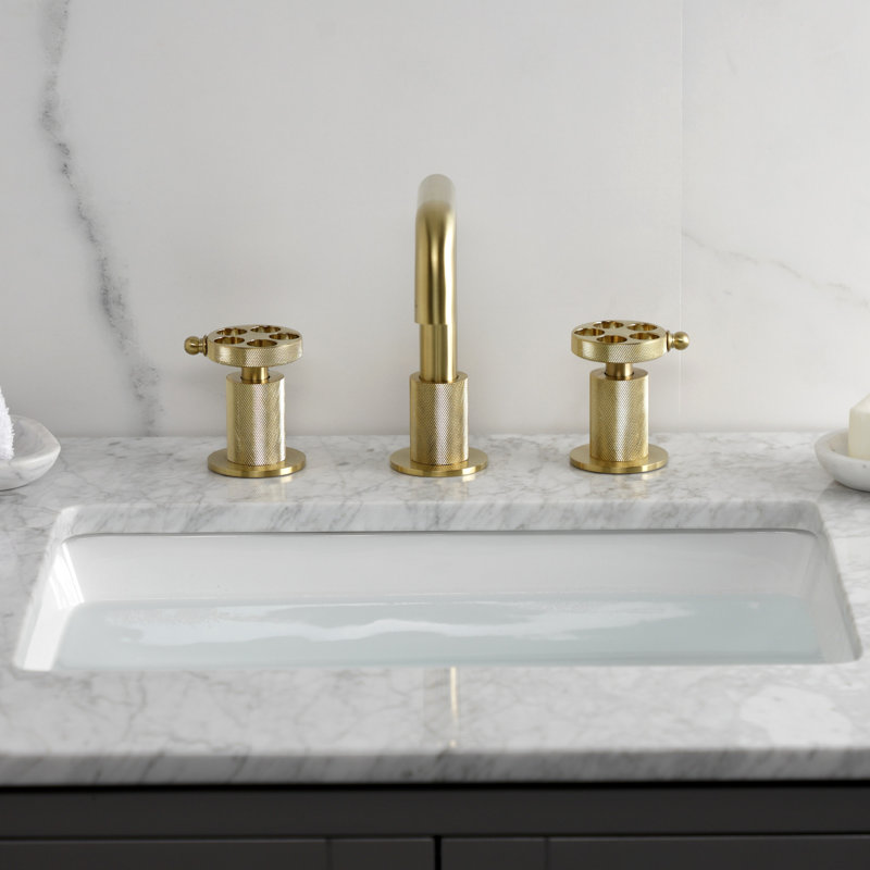 Kingston Brass Wendell Two-Handle 3-Hole Deck Mount Widespread Bathroom Faucet with Knurled Handle and Push Pop-Up Drain