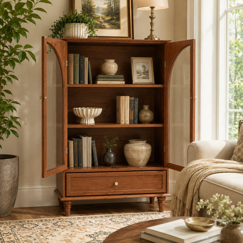Armoire de rangement rétro avec portes en verre arquées pour la cuisine, noyer