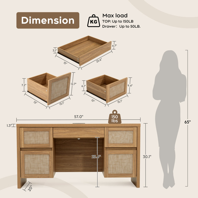 Designer Modern Minimalist Style 57'' Desk, Brown