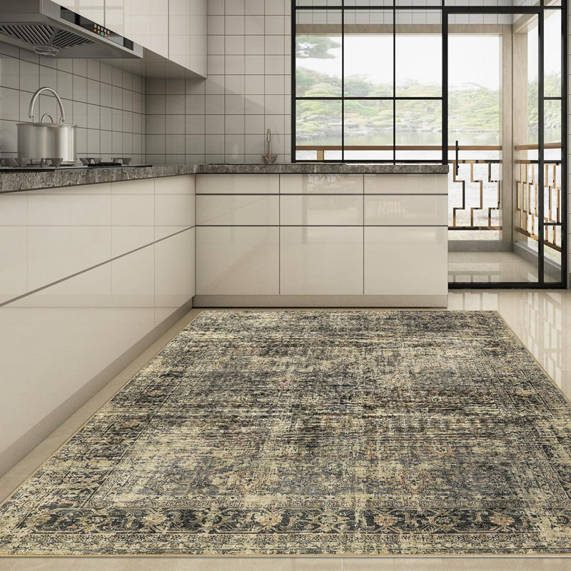 Washable Non-Slip Vintage Area Rug Hallway Bedroom Living Room Kitchen Soft Floor Stain-Resistant Low Pile Laundry Room Green
