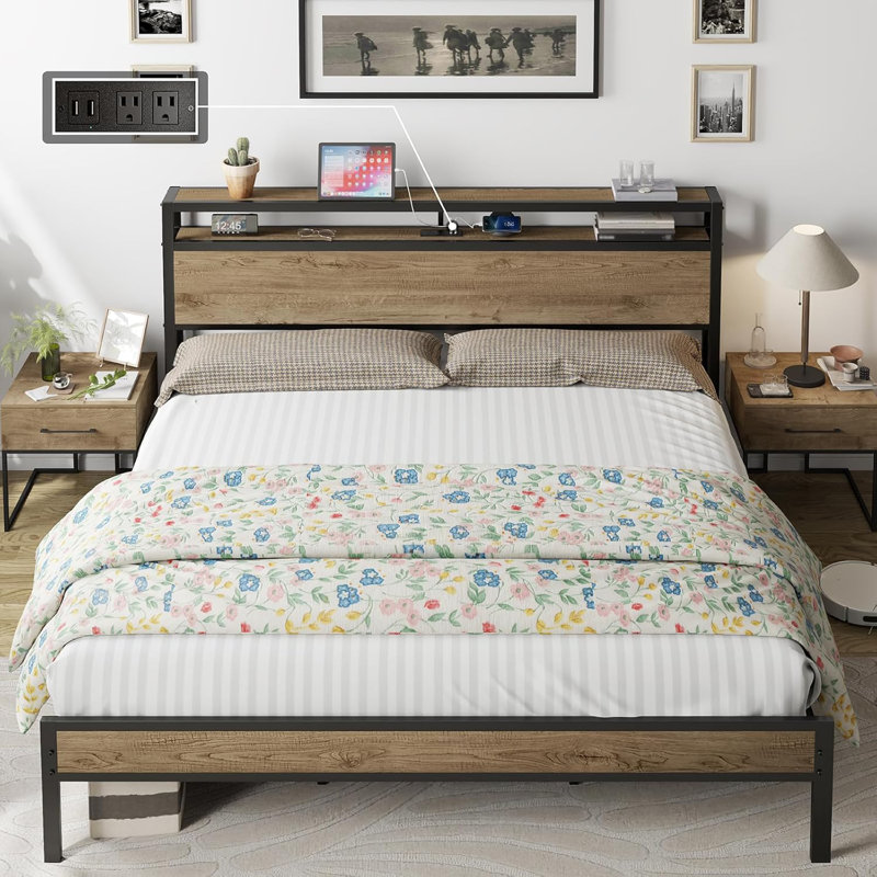 Queen Size Platform Bed Frame With 2-tier Storage Headboard/ Charging Station,Rustic Gray, Rustic Gray, Queen