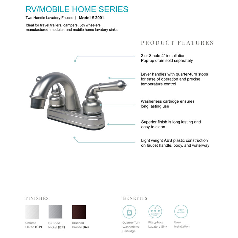 RV/Mobile Home Centerset 2-handle Bathroom Faucet, Chrome