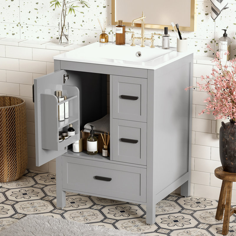 Bathroom Vanity with Ceramic Sink, Double-Layer Door Shelf and 3 Drawers, Gray/Black