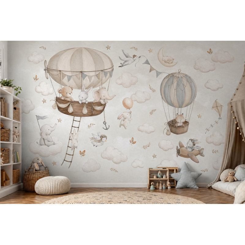 Papier peint fond blanc avec montgolfière, 120 po x 96 po, Peler et coller