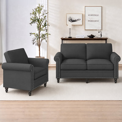 Linen 2+1 Seater Sofa Set, Classic Rolled Arm Loveseat & Accent Chair Combo with Rivet Detailing, Solid Wood Gourd Legs Upholstered Living Room Furniture