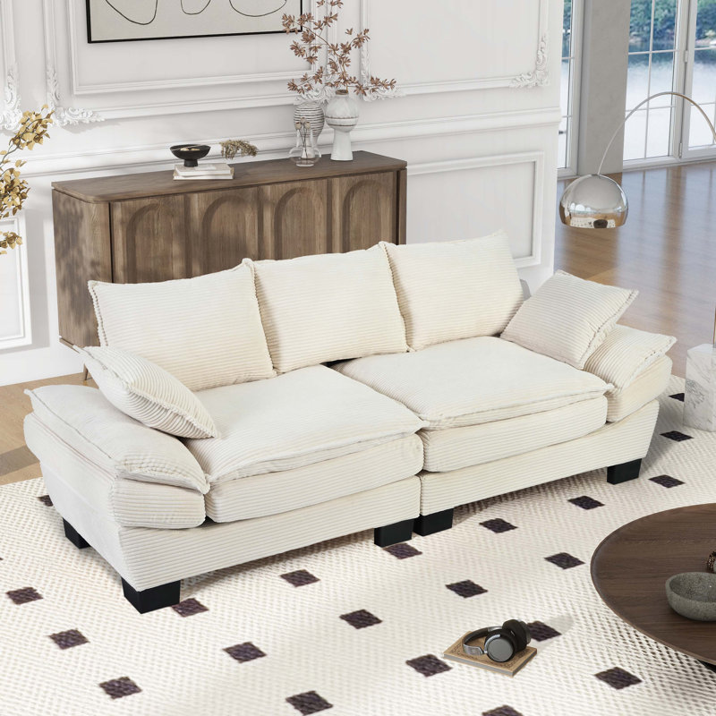 85.4" Upholstered Couch, Beige Corduroy