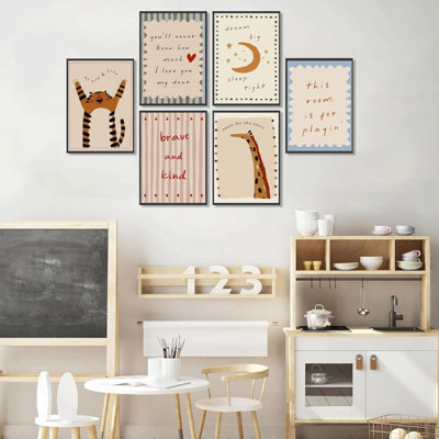 Ensemble de 6 décorations murales pour enfants avec cadre noir, 8 po x 10 po, pour chambre d'enfant et salle de jeux