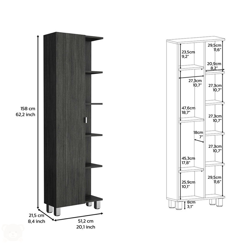 Armoire de salle de bain haute en lin Urano avec quatre tablettes extérieures ouvertes, Gris