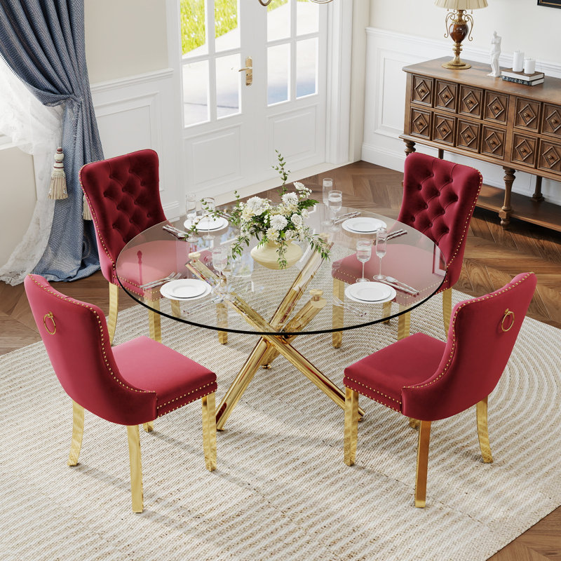 Ensemble de salle à manger à piédestal rond 5 pièces avec chaise capitonnée en velours pour salle à manger et salon, Doré