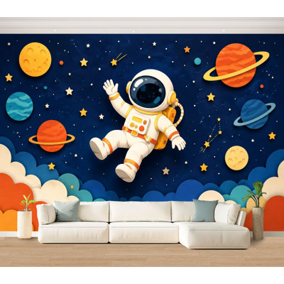 Wall Mural Peel and Stick Wallpaper Cute Astronaut Floating Colorful Outer Space Planets Stars children Self-Adhesive Removable Contact Paper Wall Decor for Living Room Bedroom 100"H x 144"W
