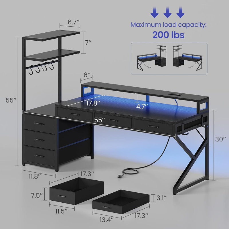 Bureau d'ordinateur 55 po avec 6 tiroirs, Noir