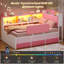 Lit de jour d'angle une place pour enfant, lit plateforme rembourré avec 6 tiroirs de rangement, 3 niches ouvertes, barrière de sécurité, lumières DEL RVB et station de recharge, rose-1825009974