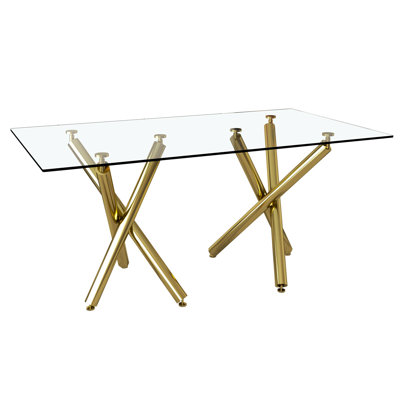 Large Modern Minimalist Rectangular Glass Dining Table For 6-8 With 0.39"Tempered Glass Tabletop And Golden Metal Legs,Kitchen Dining Living Meeting Room Banquet Hall