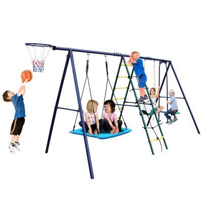 Balançoire 6 en 1 pour jardin - Structure en acier multicolore avec filet d'escalade, planeur, balançoire et anneau de suspension, pour un jeu stable et amusant. Équipée d'un anneau de soutien, de cordes ajustables et facile à installer.