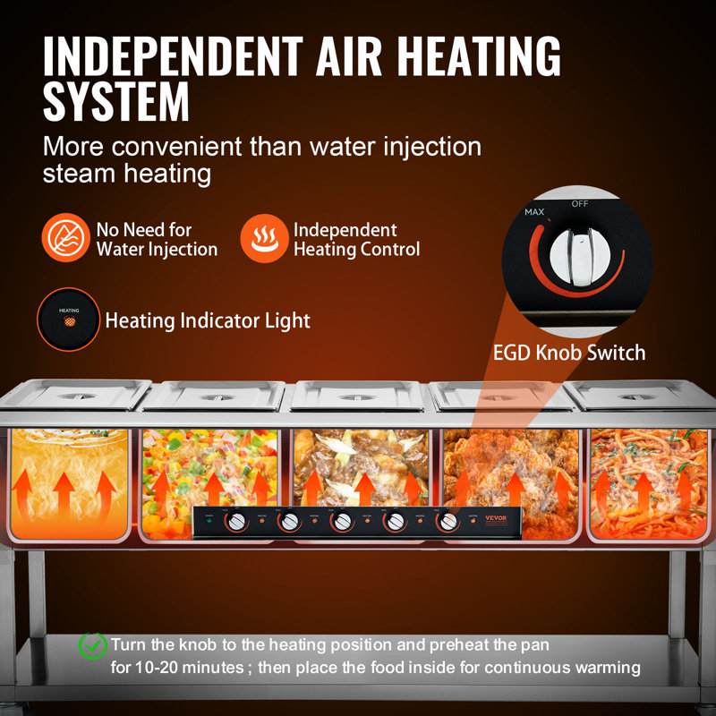 Stainless Steel 5-Pan Commercial Electric Food Warmer with Wheels