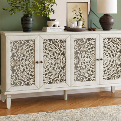 60" Antique Buffet Cabinet with Floral Carvings with Solid Wood Legs&Antique Brass Handles&Adjustable Shelves