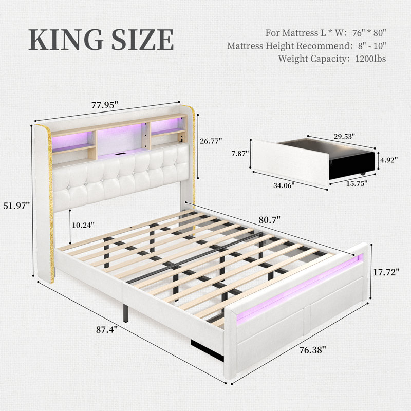 Bed Frame with Bookcase Storage Headboard and 2 Drawers Upholstered Tufted Wingback Beds, Cream, King