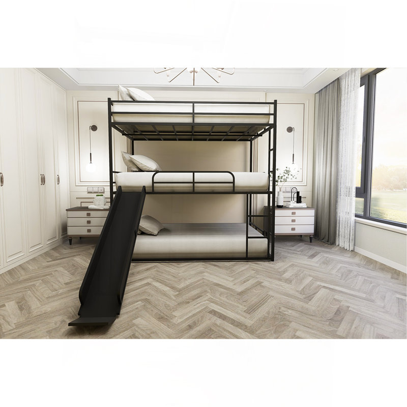 Metal Full Size Loft Bed With Slide And Ladder,  Black