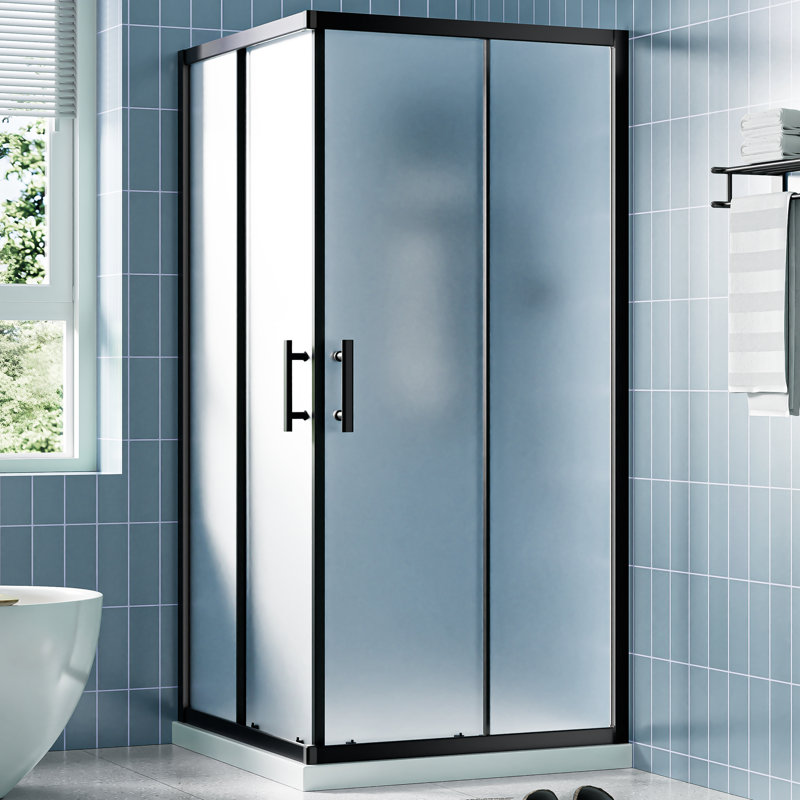 Cabine de douche d'angle 36 po x 36 po x 72 po avec portes coulissantes doubles, verre trempé givré de 1/4 po avec film de sécurité, largeur réglable et conception imperméable, noir mat