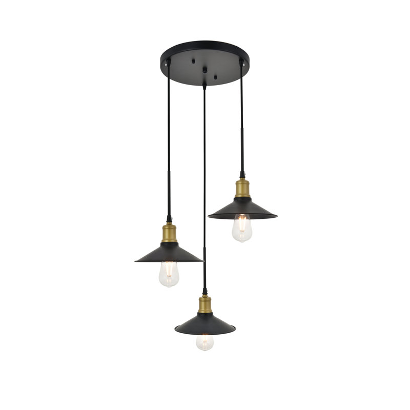 Luminaire suspendu conique 3 lumières grappe Dellwood, Noir / Laiton