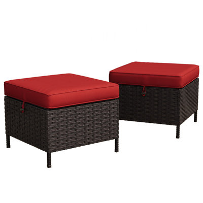 Outdoor Wicker Ottoman with Begie Cushions(Set of 2)
