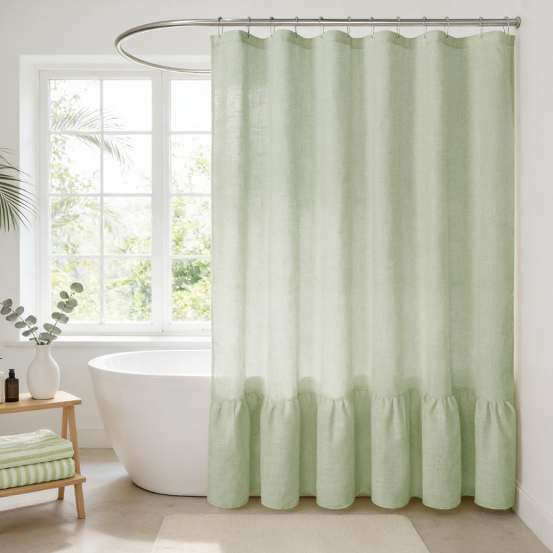 Rideau de douche en mélange de lin avec ourlet à volants, H 72 po x l 84 po, Sauge