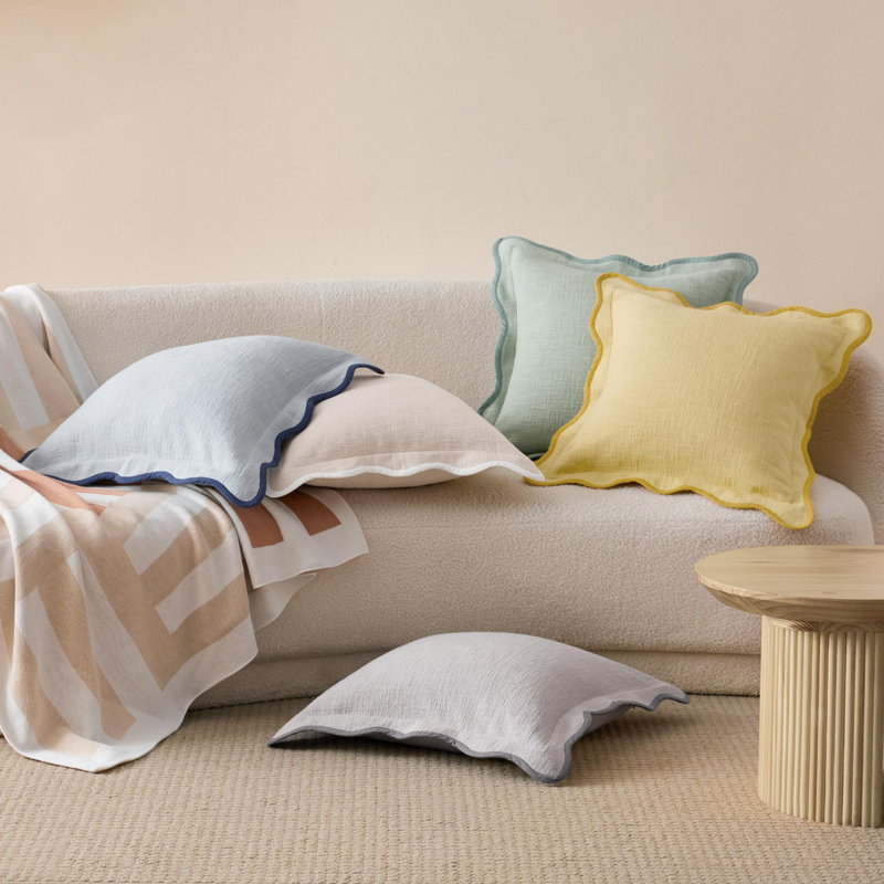 Double Stitch Cotton Decorative Scalloped Throw Pillow Covers,Square Cushion Case for Living Room Couch